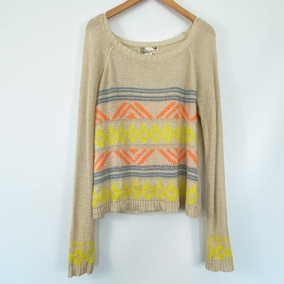 Lulus Boho Aztec Embroidered Print Lightweight Knit Sweater Beige - Picture 2 of 6